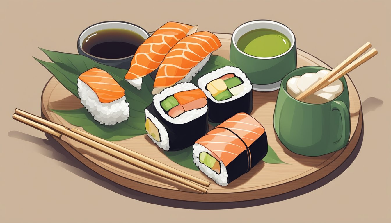 A platter of sushi arranged on a simple wooden board, with chopsticks nearby. A cup of green tea sits beside the sushi