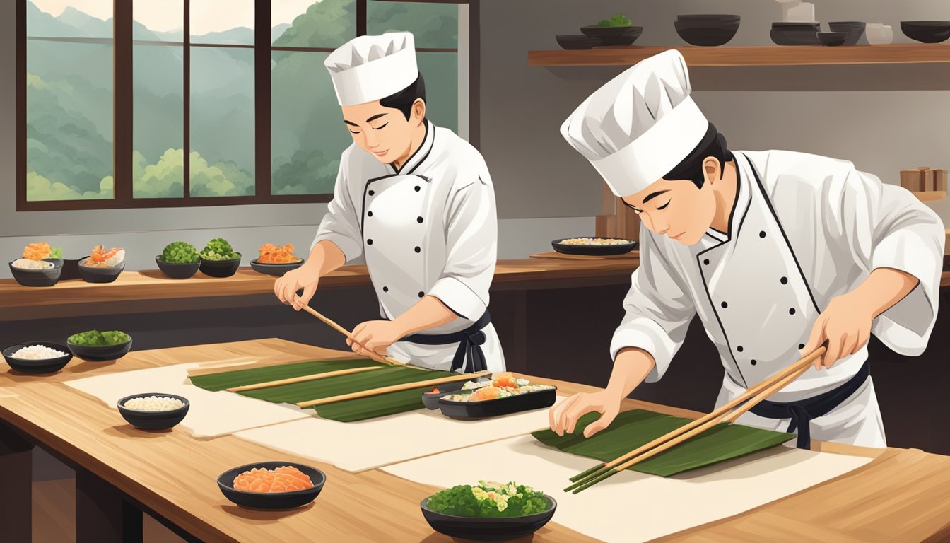 A chef expertly rolls sushi using traditional techniques, no special tools, only fresh ingredients and a bamboo mat