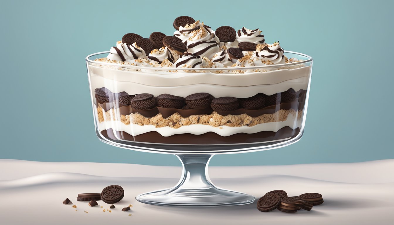 Layers of crushed Oreos, creamy filling, and chocolate drizzle in a glass trifle dish, topped with whipped cream and more cookie crumbs