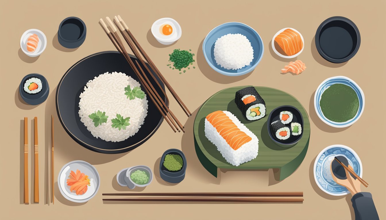 A person using household items to make sushi: bowl, rice, nori, fillings, and a rolling mat