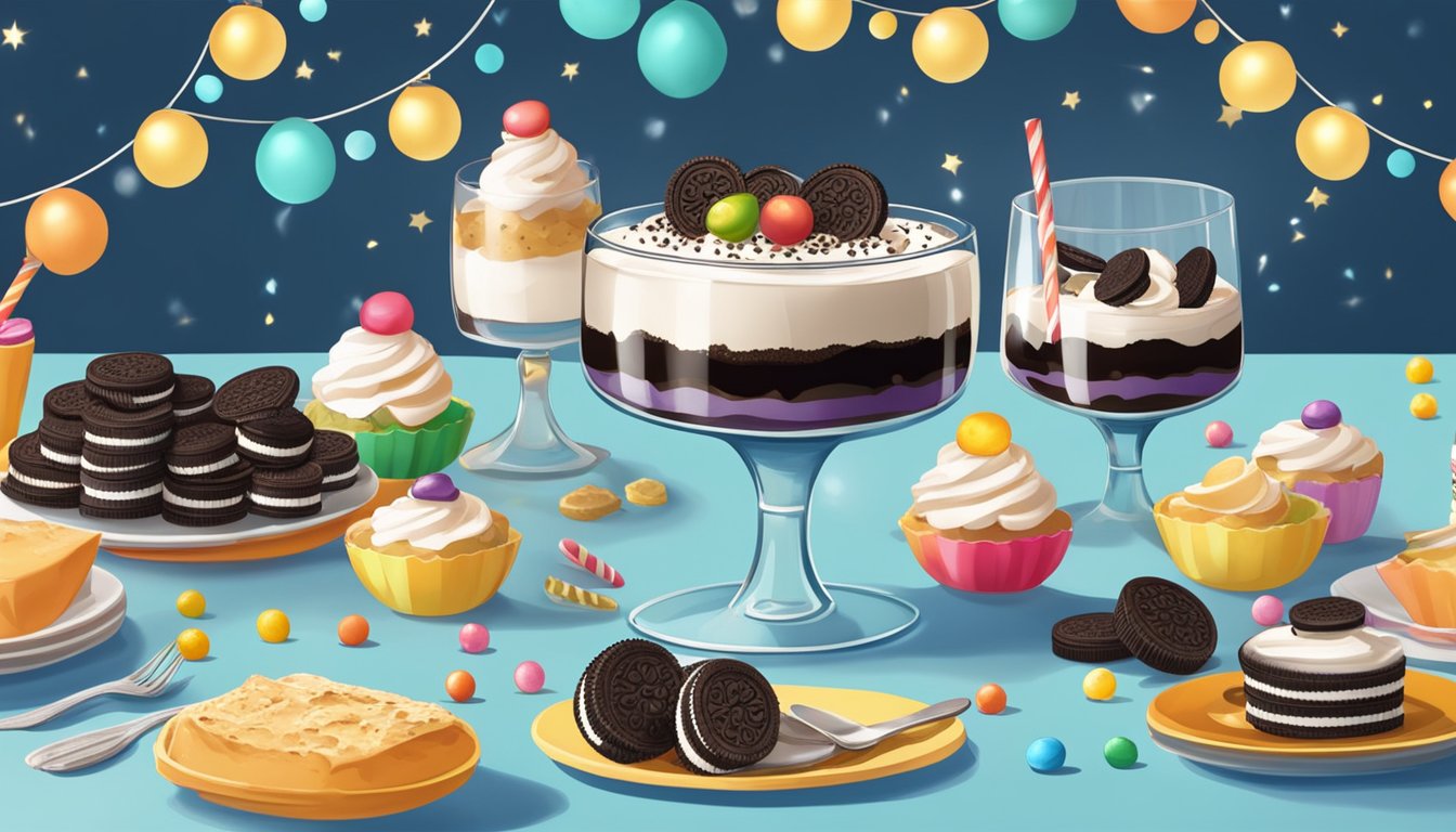 A festive table with layers of Oreo trifle in a glass dish, surrounded by party decorations and happy guests