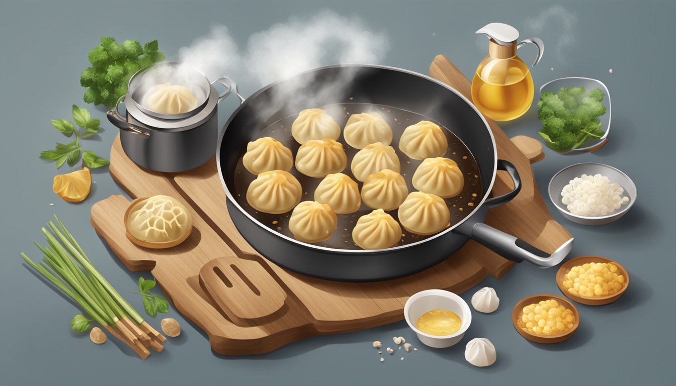 A sizzling pan with golden-brown dumplings, steam rising, surrounded by scattered ingredients and utensils