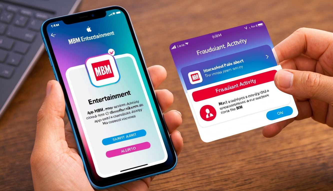一部顯示MBM娛樂應用程式的智能手機，上面有詐騙活動警報