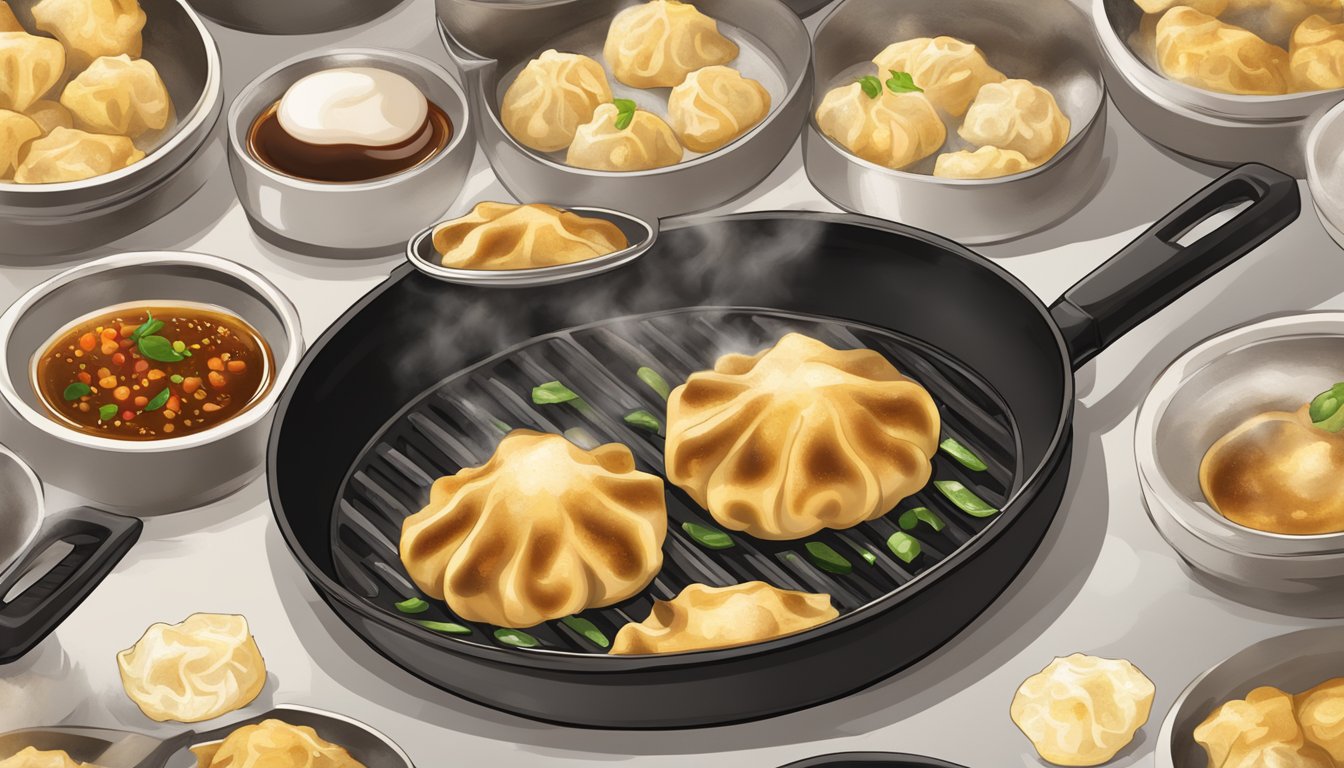 A sizzling pan holds golden-brown dumplings, steam rising, with a crisp, textured exterior. Soy sauce and chili oil sit nearby