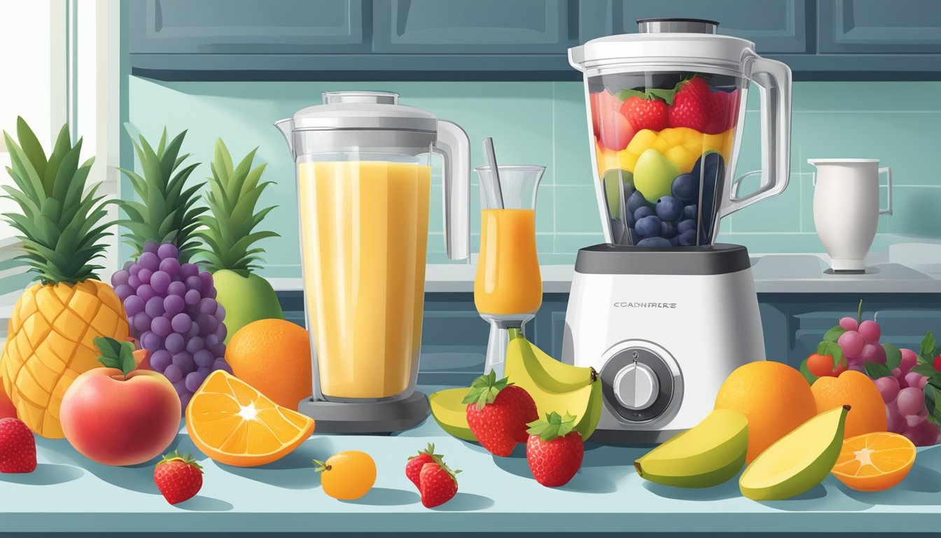 A colorful array of fresh fruit, a blender, and a container of sweetened condensed milk sit on a kitchen counter, ready to be transformed into a refreshing no churn sorbet