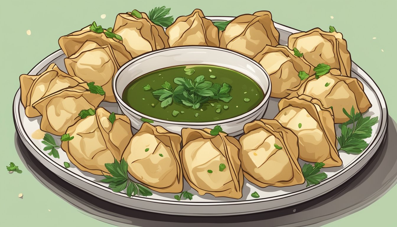 A plate of golden-brown pan-fried dumplings arranged in a circular pattern, surrounded by a sprinkle of fresh green herbs and a small dish of dipping sauce