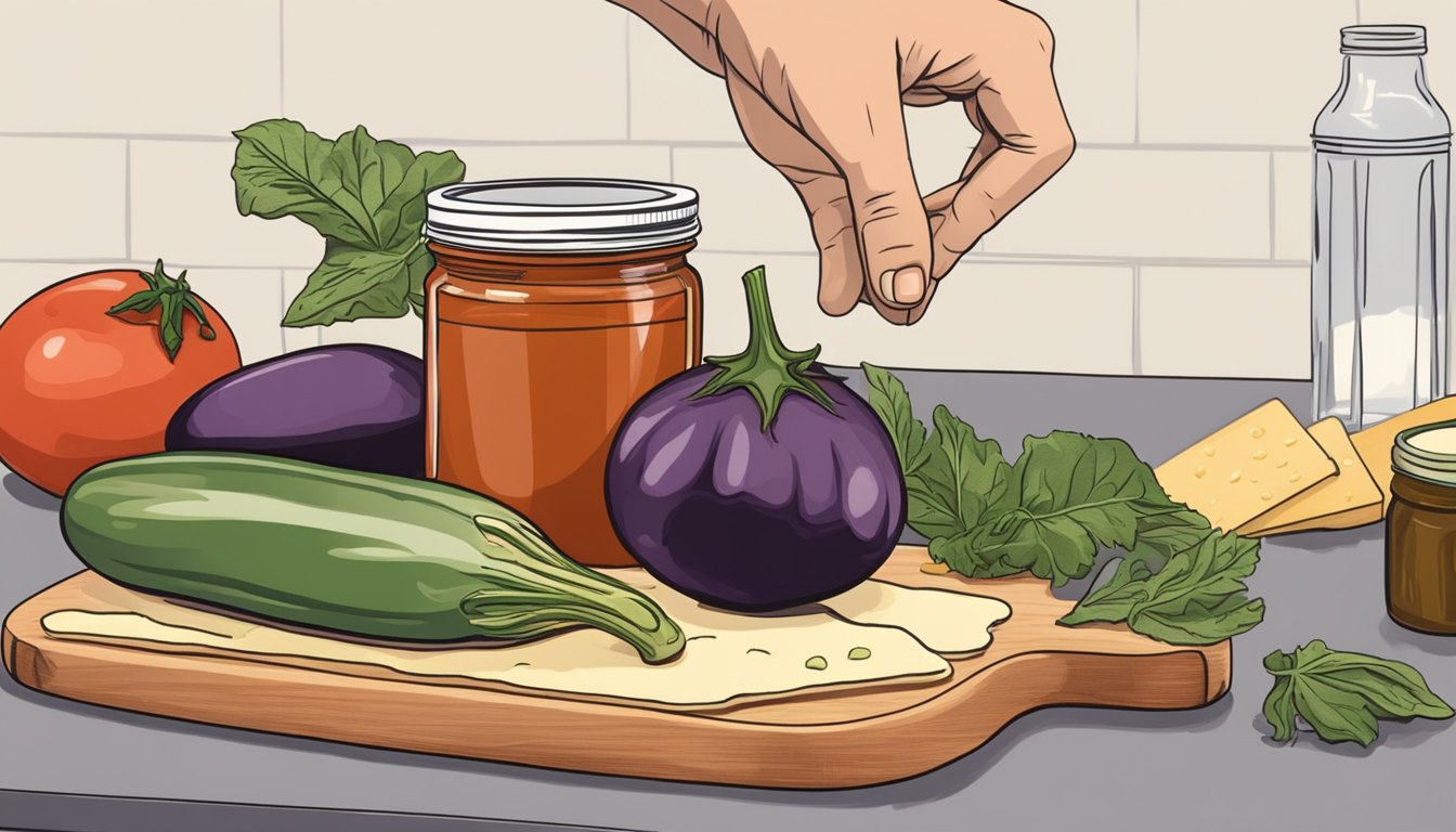 A hand reaching for a ripe eggplant, a block of parmesan cheese, and a jar of marinara sauce on a kitchen counter