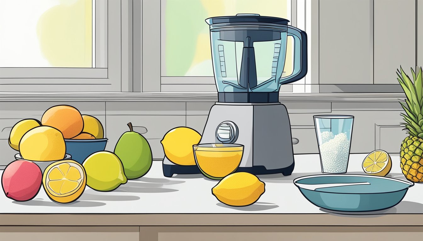 Fresh fruits, sugar, and lemon juice on a kitchen counter, with a blender and a bowl ready for making no churn sorbet