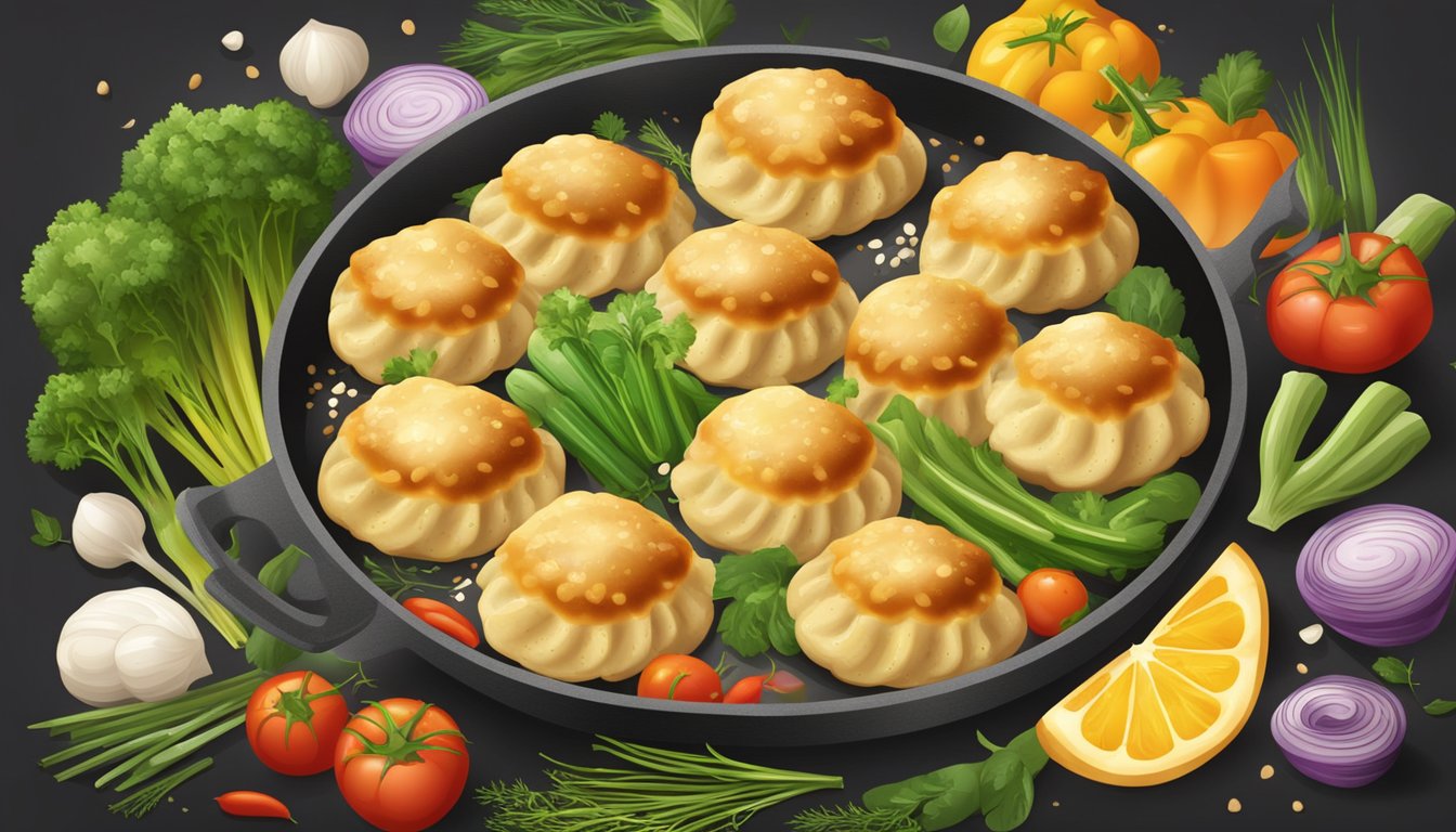 A sizzling pan with golden brown dumplings, surrounded by a colorful array of vegetables and herbs