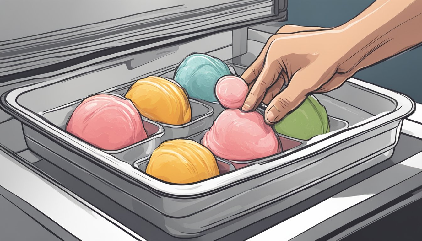 A hand reaching into a freezer, pulling out a container of homemade sorbet. Another hand scoops the sorbet into a serving dish