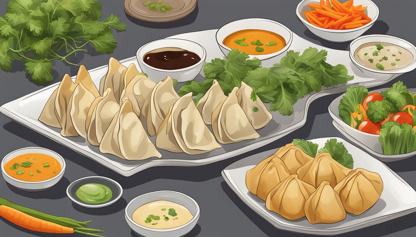 A plate of pan-fried dumplings surrounded by a variety of colorful vegetables and herbs, with a small bowl of dipping sauce on the side