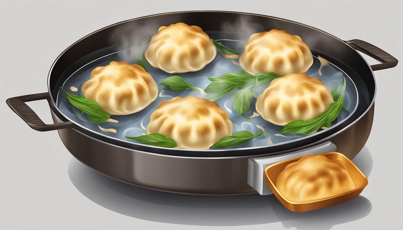 A sizzling pan with golden brown dumplings, steam rising