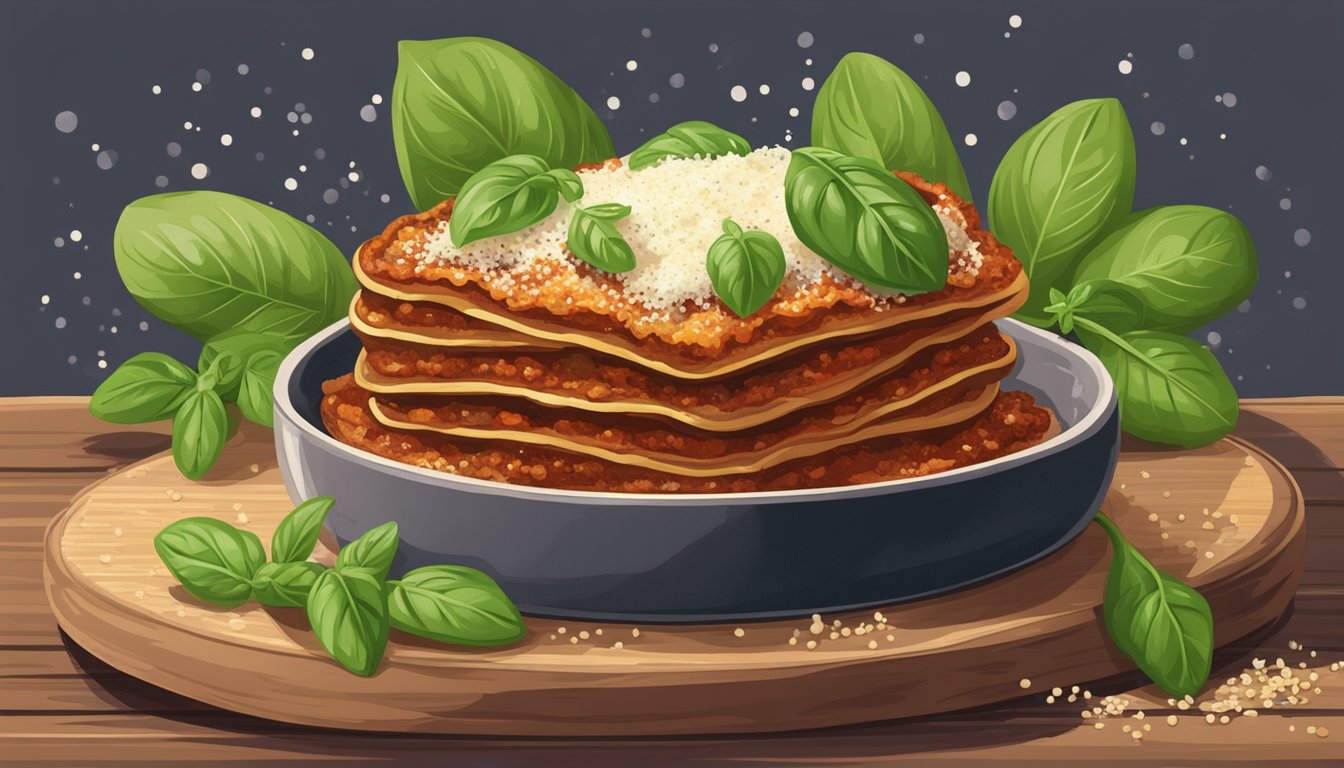 A bubbling, golden-brown eggplant parmesan sits on a rustic wooden table surrounded by fresh basil leaves and a sprinkling of grated parmesan cheese