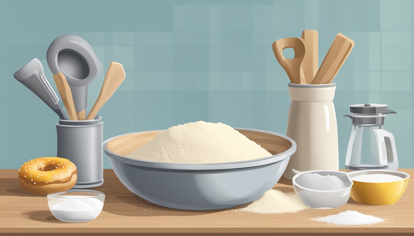 A countertop with a rolling pin, mixing bowl, flour, sugar, and donut cutter, ready to make no-fry donuts