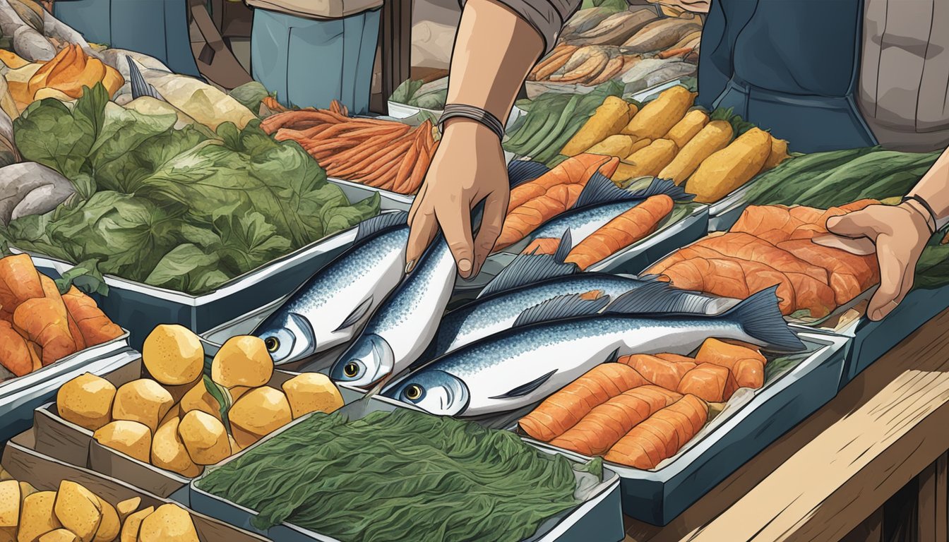 A hand reaching for a fresh fish at a market stall