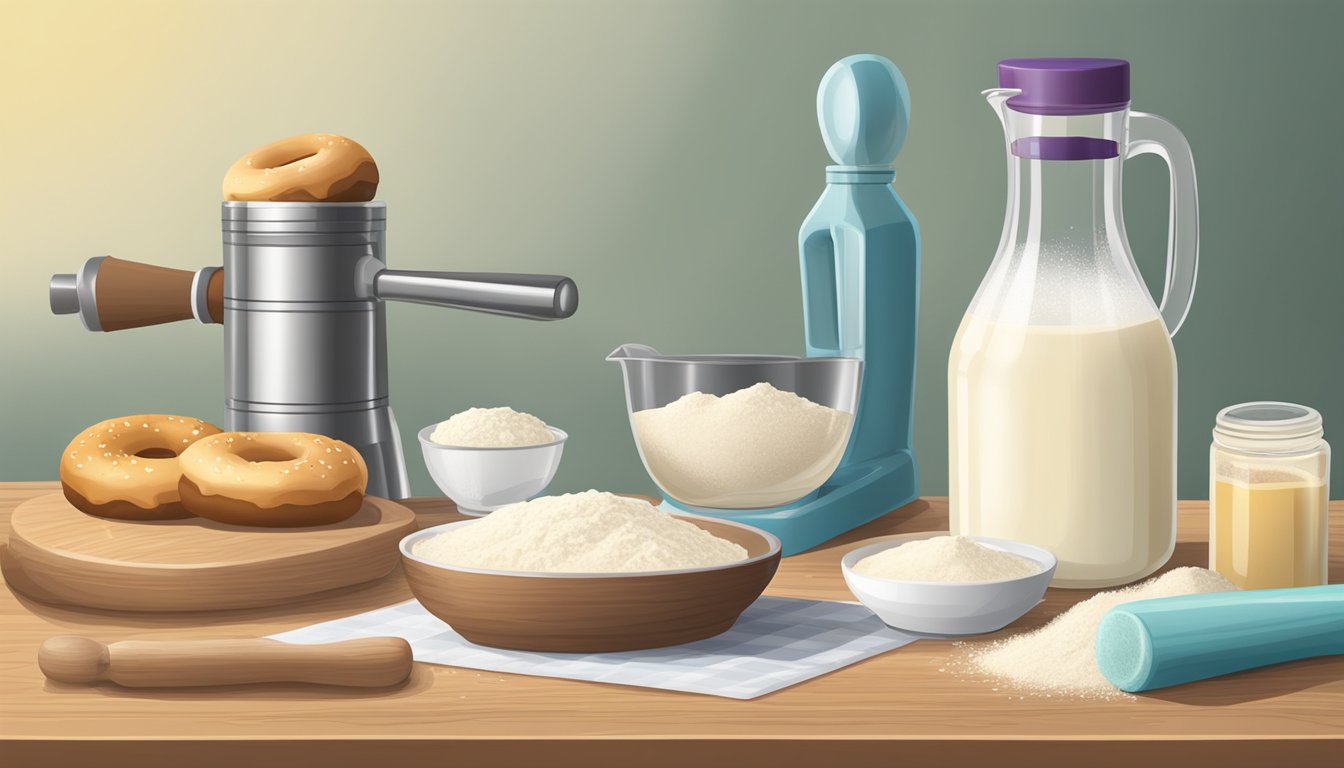 A kitchen counter with a mixing bowl, flour, sugar, yeast, milk, and vanilla extract. A rolling pin and donut cutter sit nearby