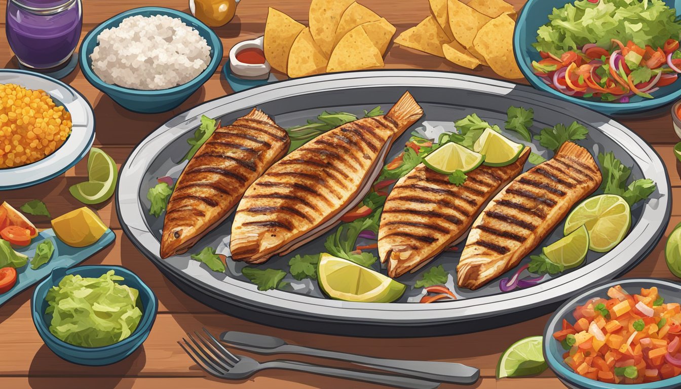 Fresh fish fillets being seasoned and placed on a sizzling hot grill, with colorful taco toppings neatly arranged on a nearby table