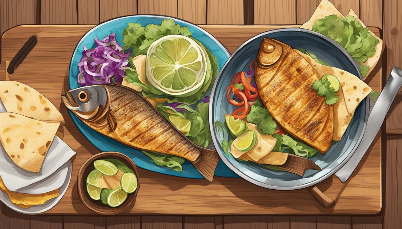 Freshly grilled fish, colorful toppings, and warm tortillas arranged on a wooden cutting board. A sizzling pan sits nearby, ready for the next batch