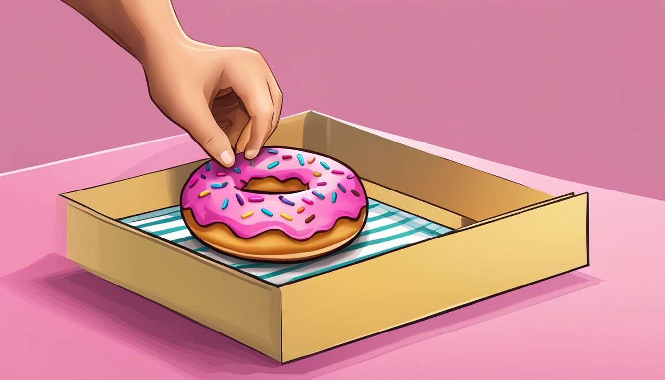 A donut being placed into a decorative box, with another donut on a plate next to it for serving