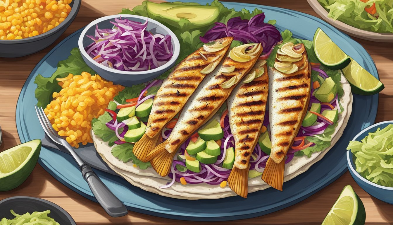 Freshly grilled fish, vibrant cabbage slaw, and creamy avocado slices are being assembled on warm corn tortillas. The sizzle of the pan and the colorful ingredients create an enticing scene