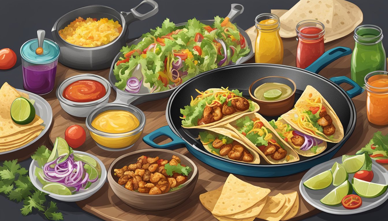 A sizzling pan with grilled fish tacos, surrounded by colorful side dishes and condiments