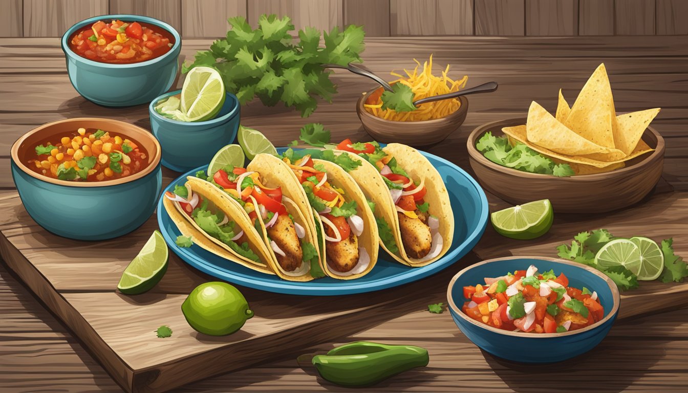 A platter of pan grilled fish tacos with colorful garnishes and a side of salsa, set on a rustic wooden table