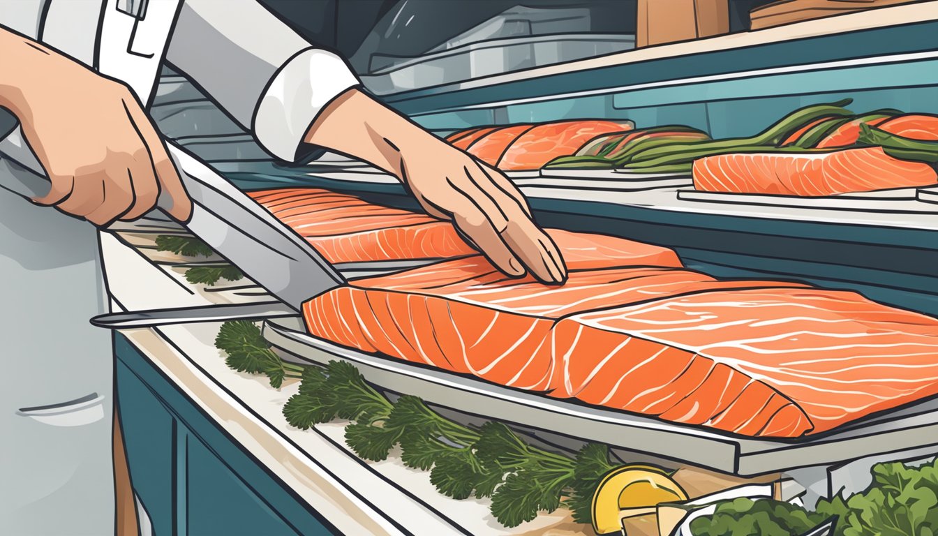 A hand reaching for a fresh, vibrant salmon fillet on display at a fish market