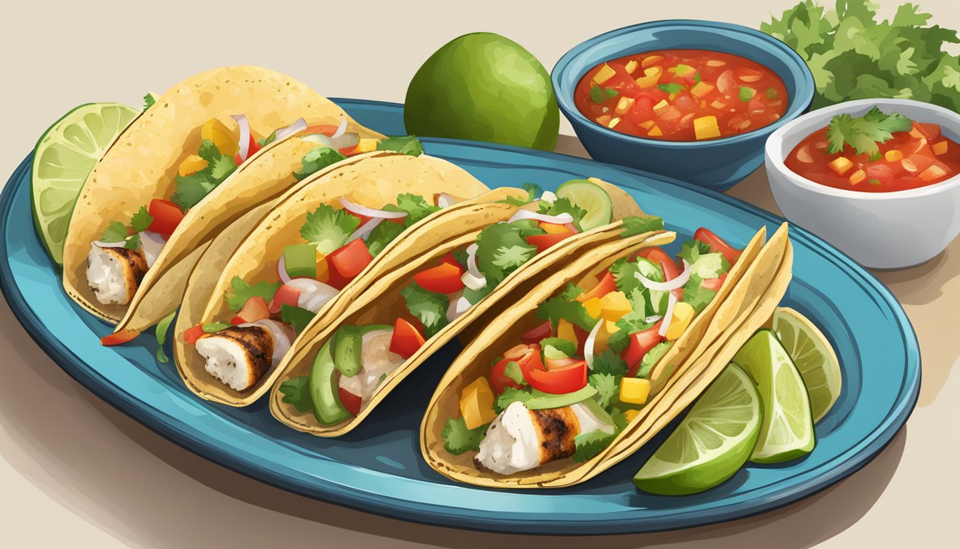 A plate of pan grilled fish tacos with assorted vegetables and a side of salsa