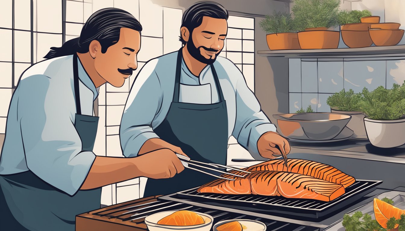 A chef grilling salmon over an open flame, using a marinade brush to coat the fish with a flavorful glaze