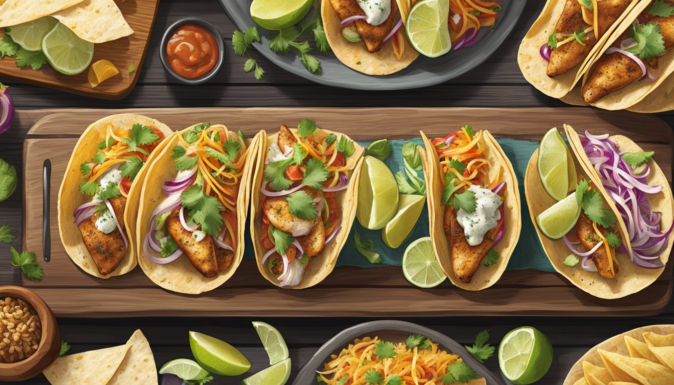 A colorful array of pan grilled fish tacos, each topped with unique regional ingredients, arranged on a rustic wooden serving platter