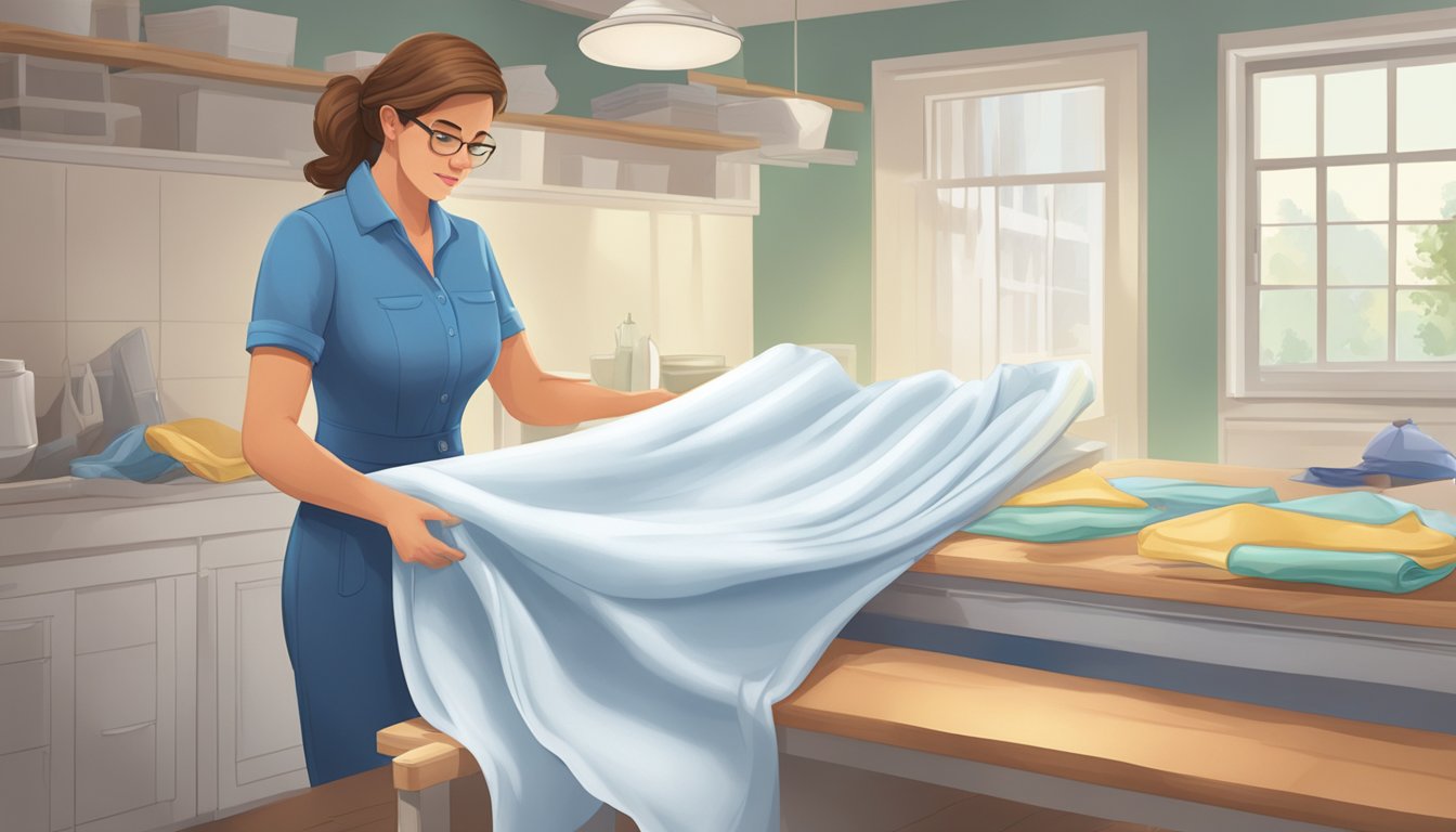 A pillowcase is being shaken out and smoothed before being hung to dry