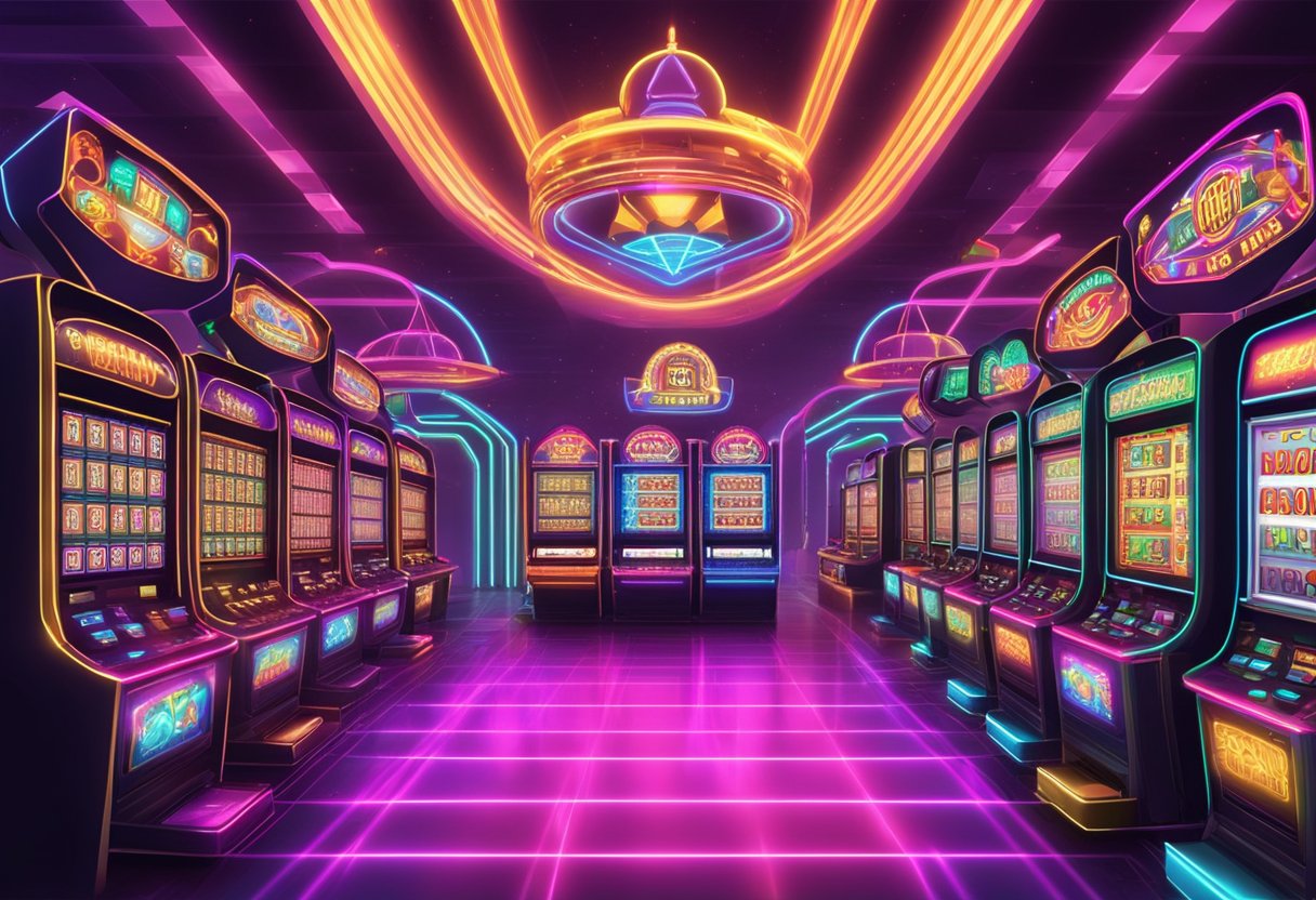 A futuristic, neon-lit casino floor filled with rows of colorful and dynamic slot machines, each displaying the innovative Megaways game interface