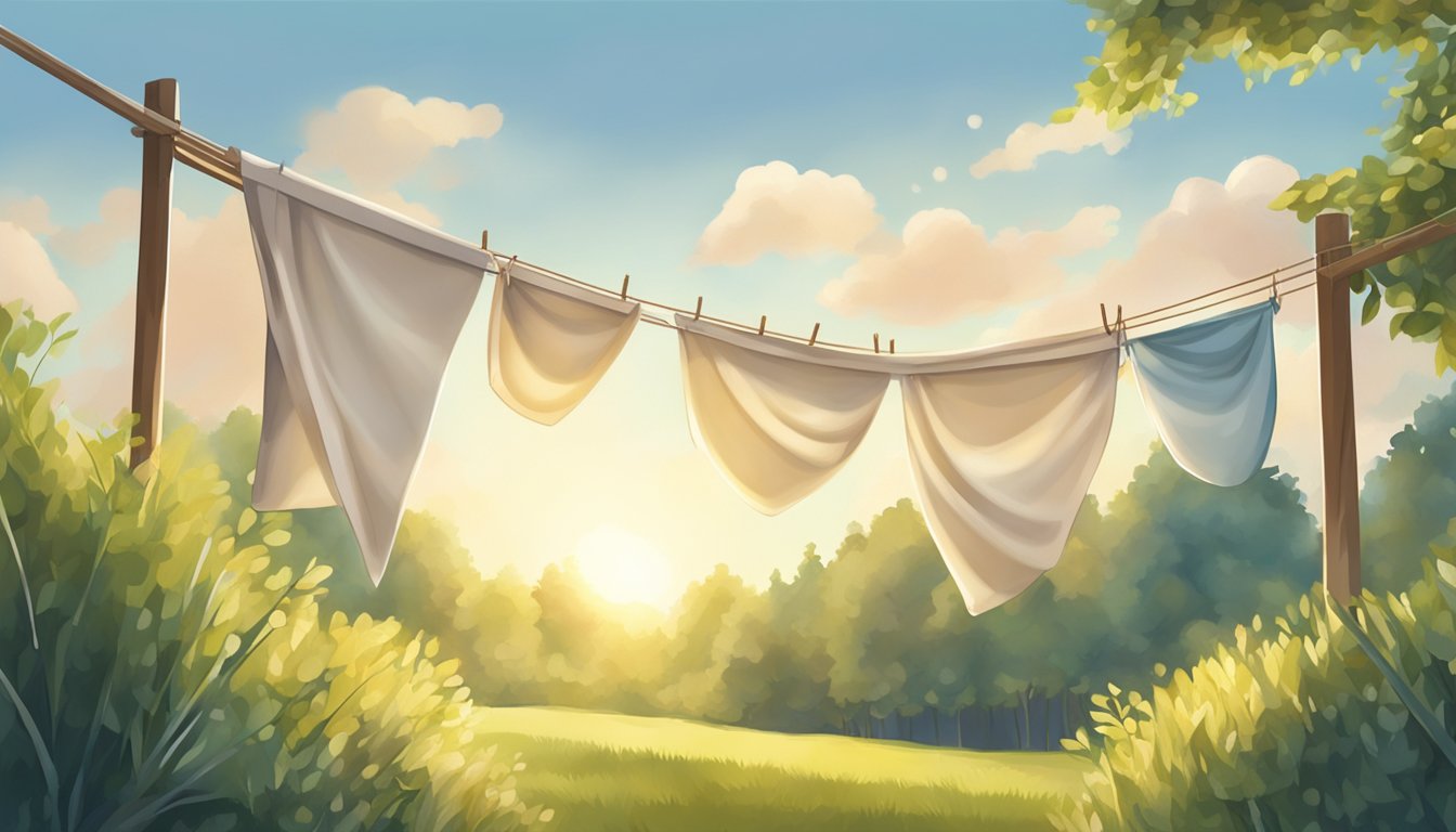 A pillowcase hangs from a clothesline in a sunny, open-air location, gently blowing in the breeze