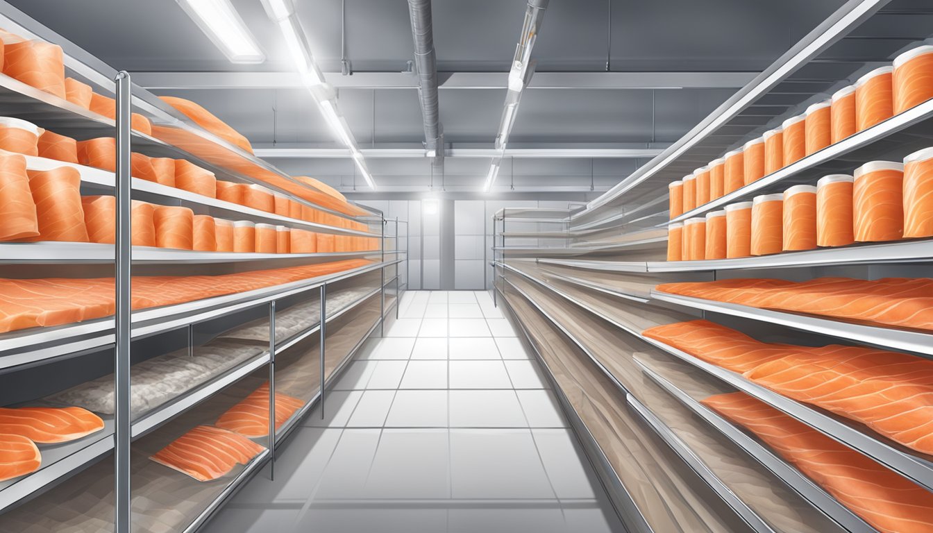 A clean, dry storage area for smoked salmon, with proper temperature control and packaging materials