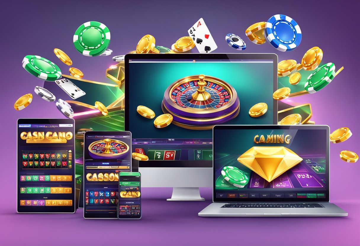 A vibrant online casino scene with multiple megaways games displayed on computer screens, showcasing the innovative and popular nature of the igaming industry