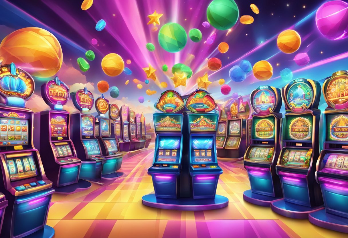 A colorful and dynamic digital landscape filled with various themed slot machines, each displaying vibrant graphics and exciting gameplay features