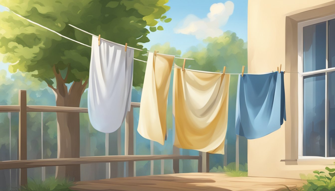 A pillowcase hangs from a clothesline, flapping in the breeze under the sun. Nearby, a clock displays the passing time