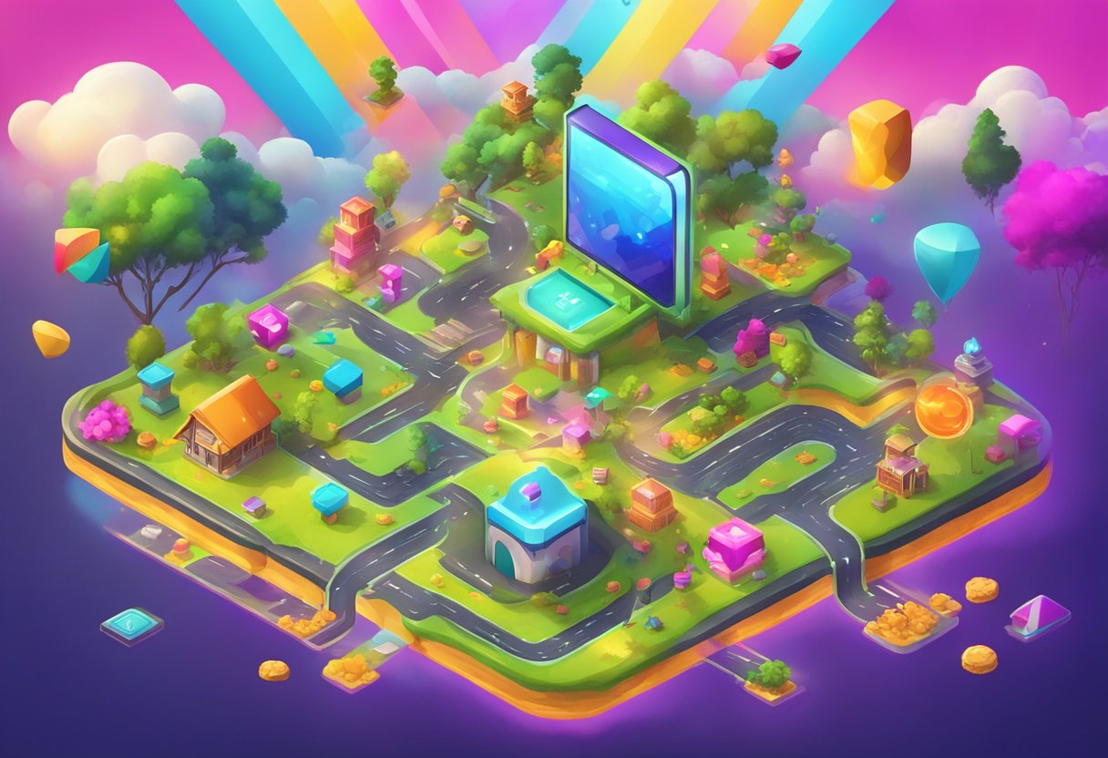 A vibrant, dynamic online gaming landscape with colorful megaways game symbols cascading down the screen