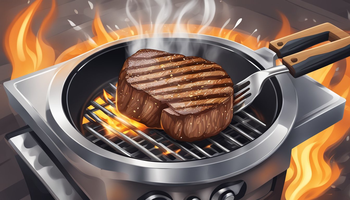 A steak sizzling on a hot grill, a gleaming silver spatula flipping it over