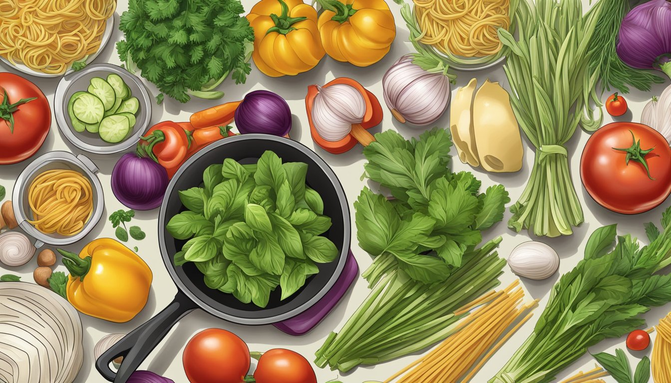 A variety of fresh vegetables, pasta, herbs, and a pot simmering on a stovetop