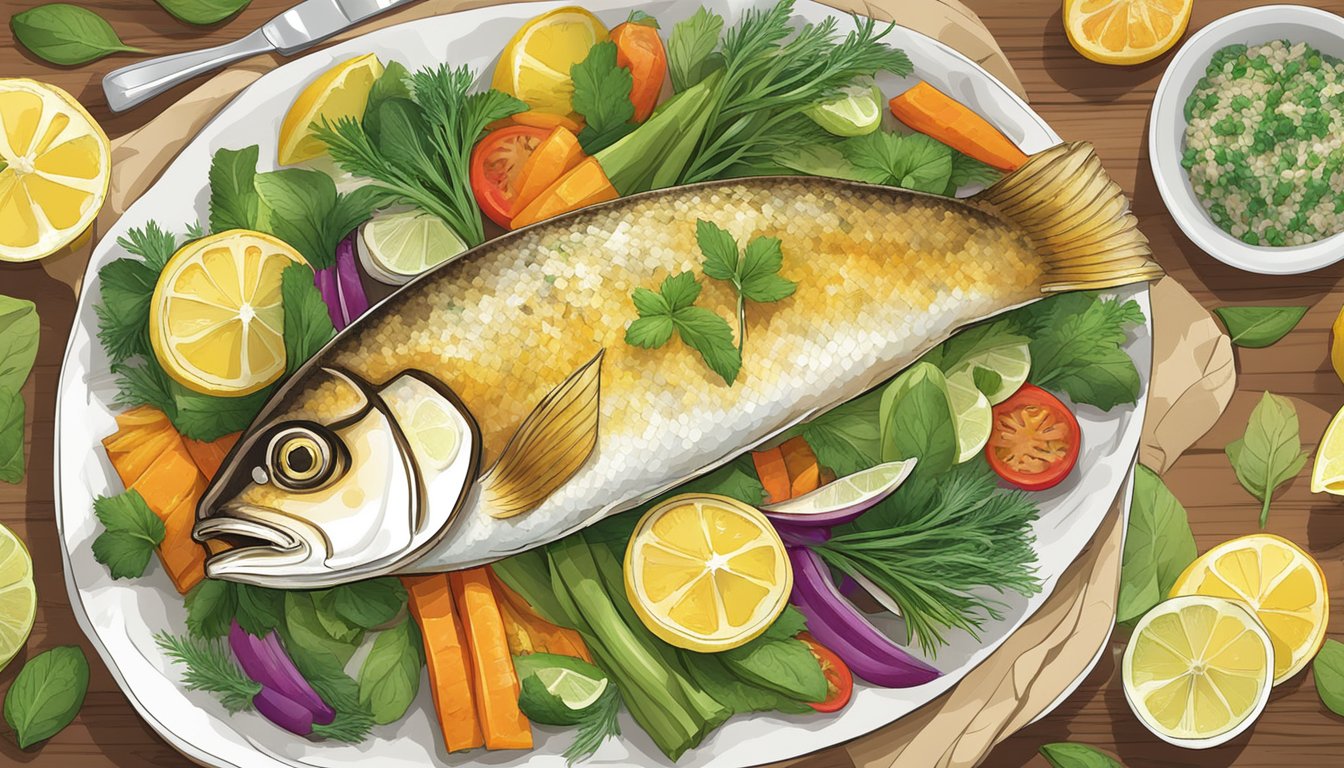 A parchment paper-wrapped fish with lemon slices and herbs, surrounded by colorful vegetables and a side of seasoned rice