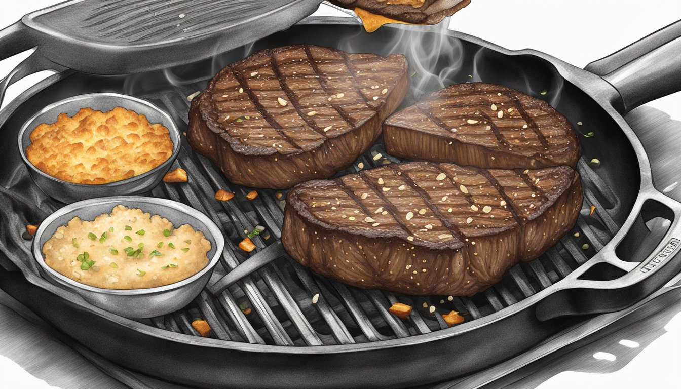 A sizzling steak sizzling on a hot skillet, with utensils flipping it over to reveal a perfectly seared and flavorful crust