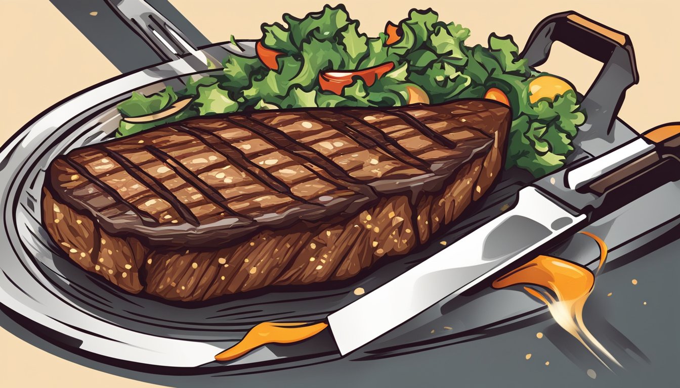 A fork and knife hover over a sizzling steak on a hot grill