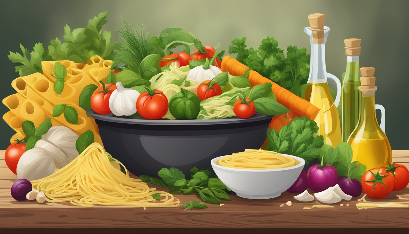 A colorful array of fresh vegetables and herbs surround a bubbling pot of pasta on a rustic wooden table. A bottle of olive oil and a wedge of parmesan cheese complete the scene