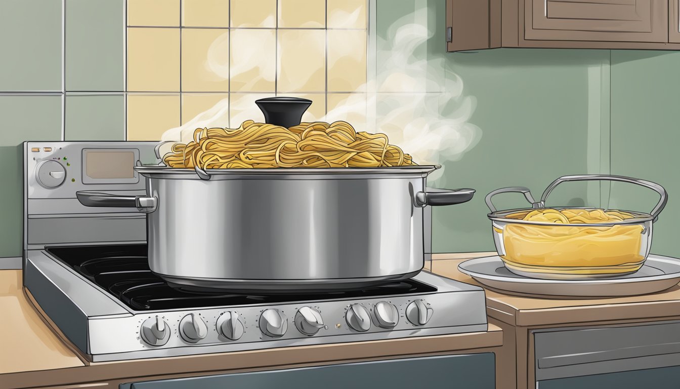 A pot of pasta on a stove, steam rising, with a lid beside it. A microwave sits nearby