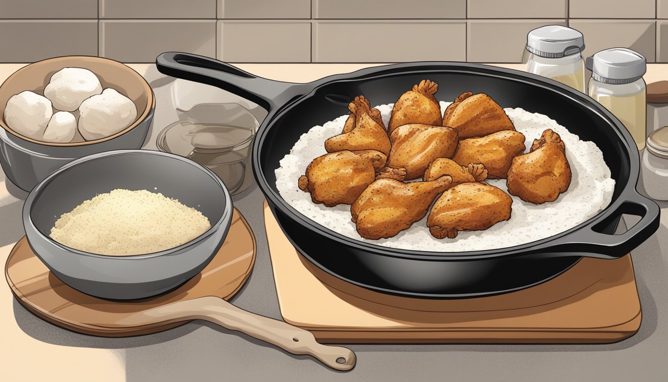 A kitchen counter with a bowl of seasoned chicken pieces, a plate of flour, and a skillet with oil heating on the stove