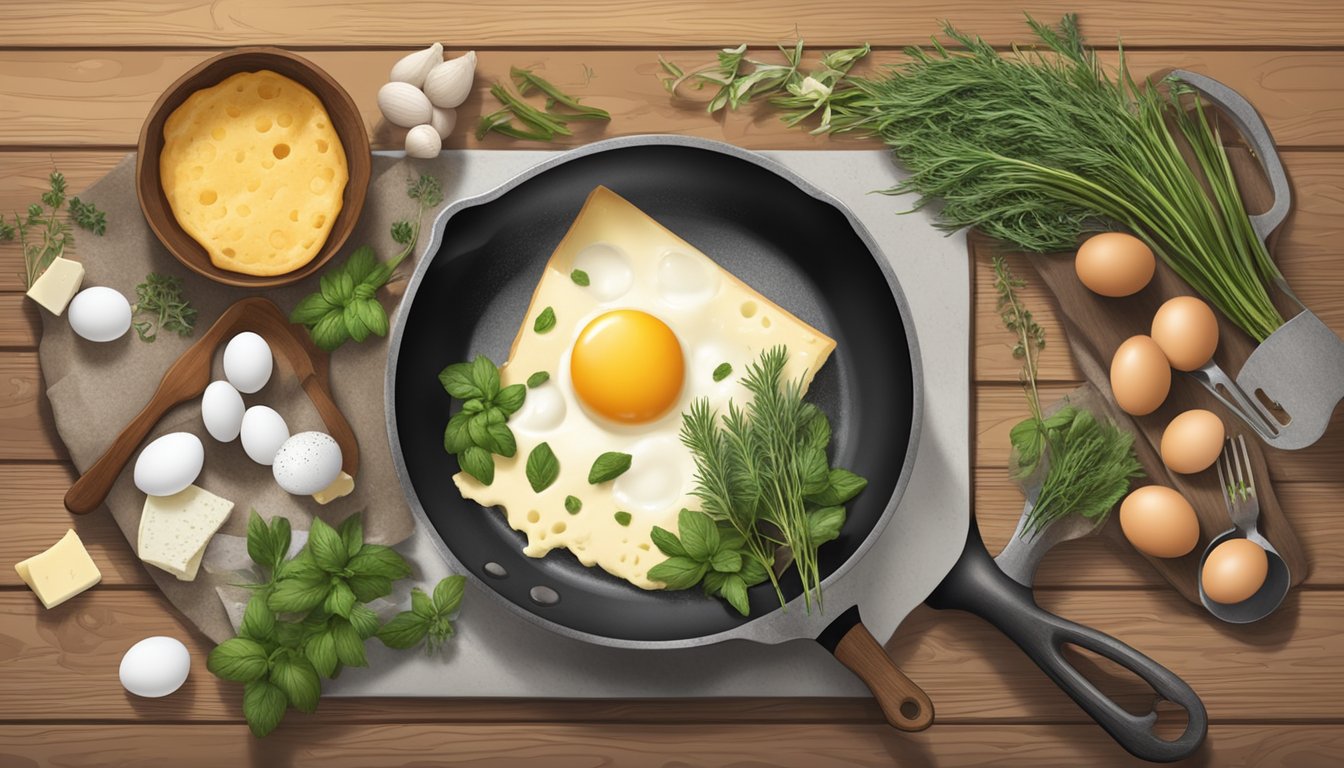 A vintage kitchen with a rustic skillet and ingredients like eggs, cheese, and herbs scattered on a wooden table