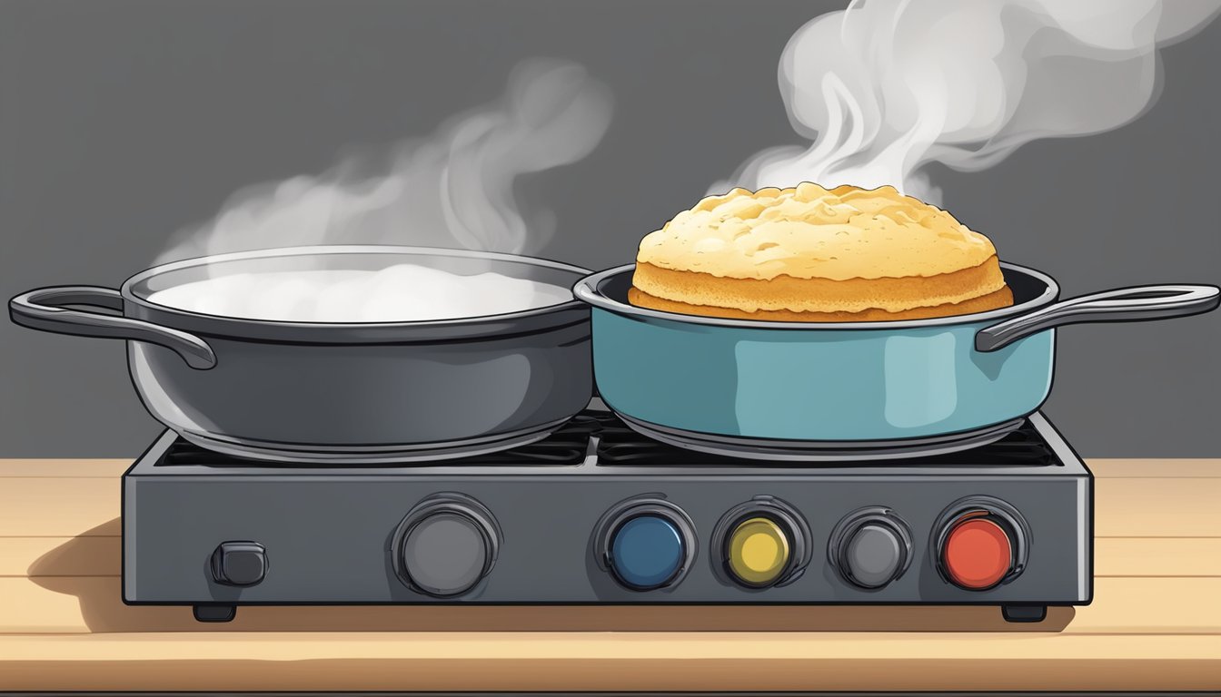 A skillet soufflé rises in the oven, golden and puffed, steam escaping from the top