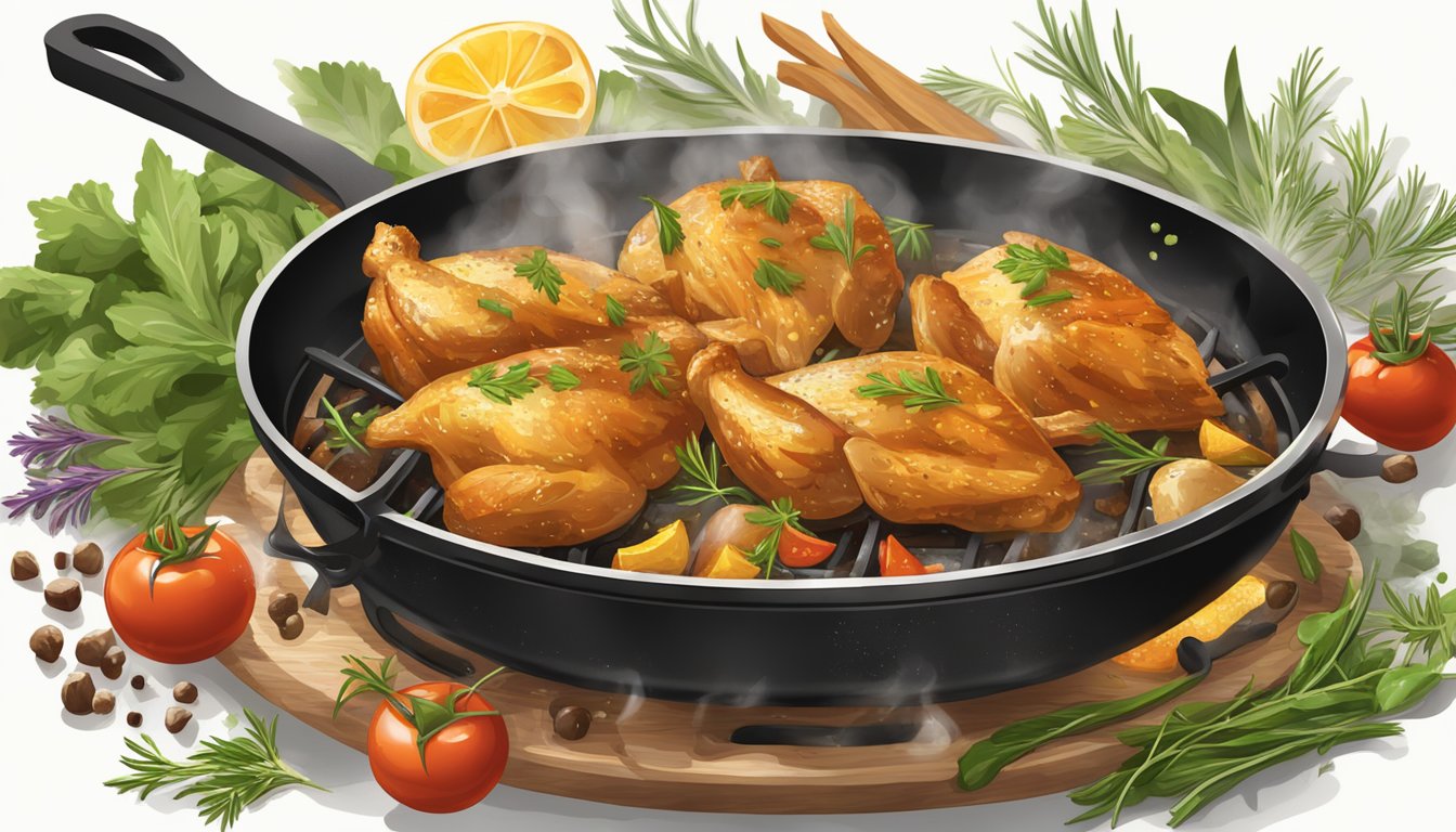 A sizzling skillet with golden-brown chicken pieces, steam rising, surrounded by herbs and spices