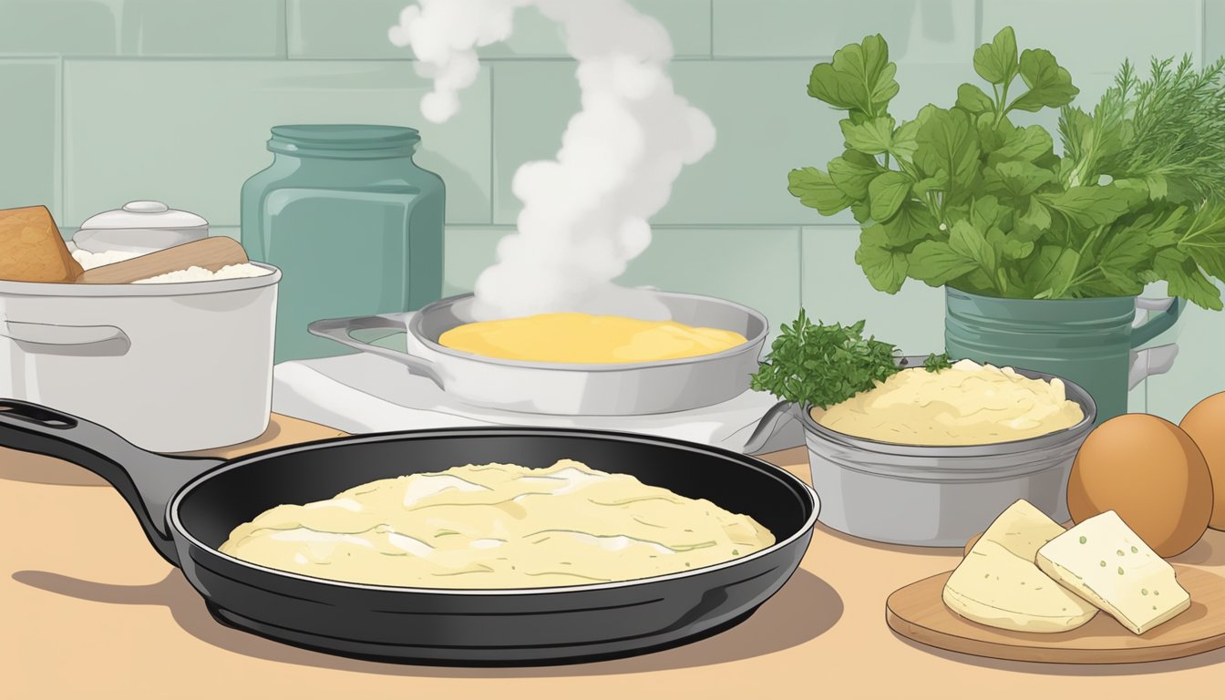 A skillet sits on a stovetop, filled with a fluffy soufflé mixture. Ingredients like eggs, cheese, and herbs are scattered nearby